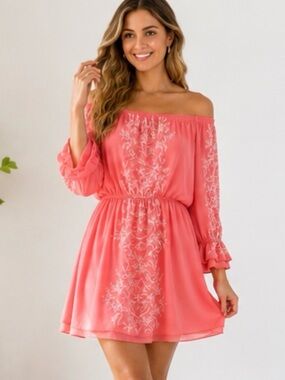 WHBM Coral Embroidered Off Shoulder Dress Size Large